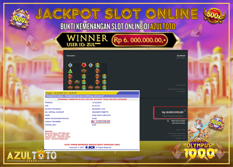 JACKPOT SLOT GATES OF OLYMPUS 1000 RP.6.000.000,- LUNAS DI AZULTOTO!