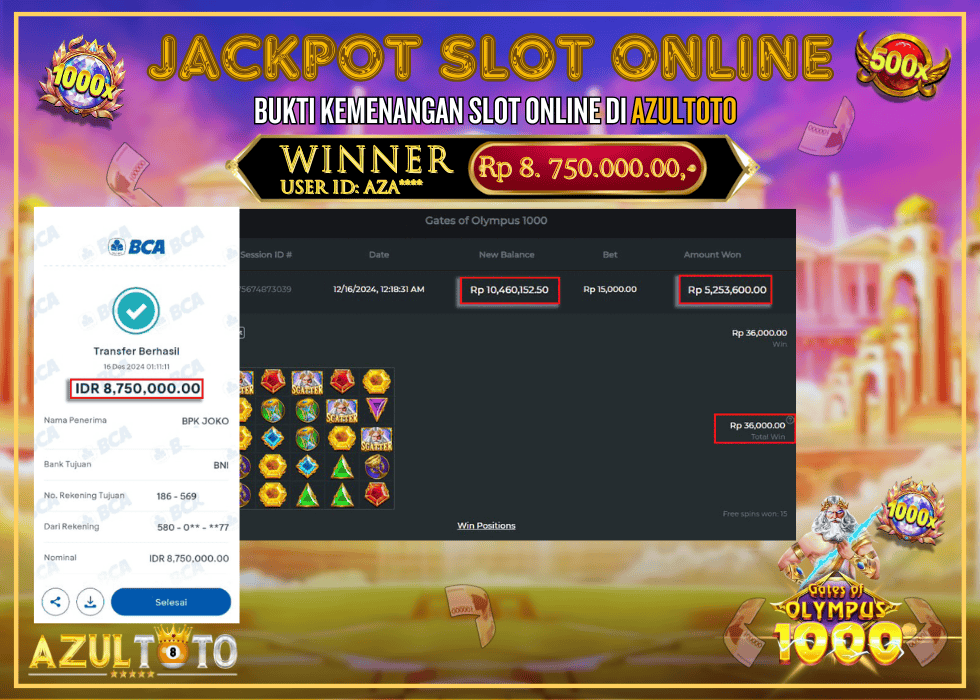 JACKPOT SLOT GATES OF OLYMPUS 1000 RP.8.750.000,- LUNAS DI AZULTOTO!