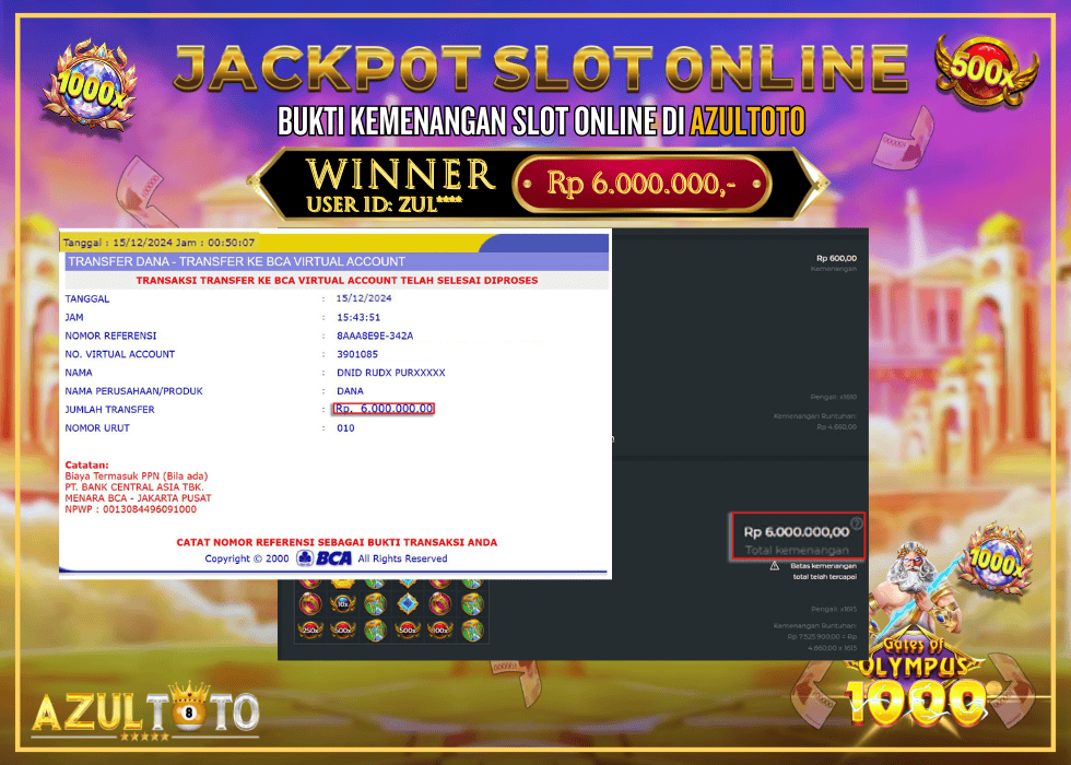 JACKPOT SLOT GATES OF OLYMPUS 1000 RP.6.000.000,- LUNAS DI AZULTOTO!