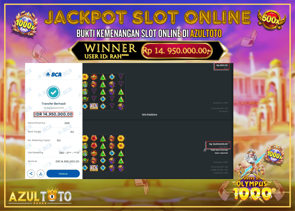 JACKPOT SLOT GATES OF OLYMPUS 1000 RP.14.950.000,- LUNAS DI AZULTOTO!