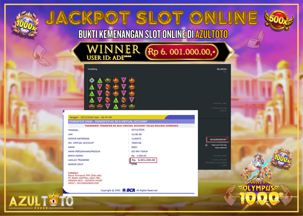 JACKPOT SLOT GATES OF OLYMPUS 1000 RP.6.001.000,- LUNAS DI AZULTOTO!