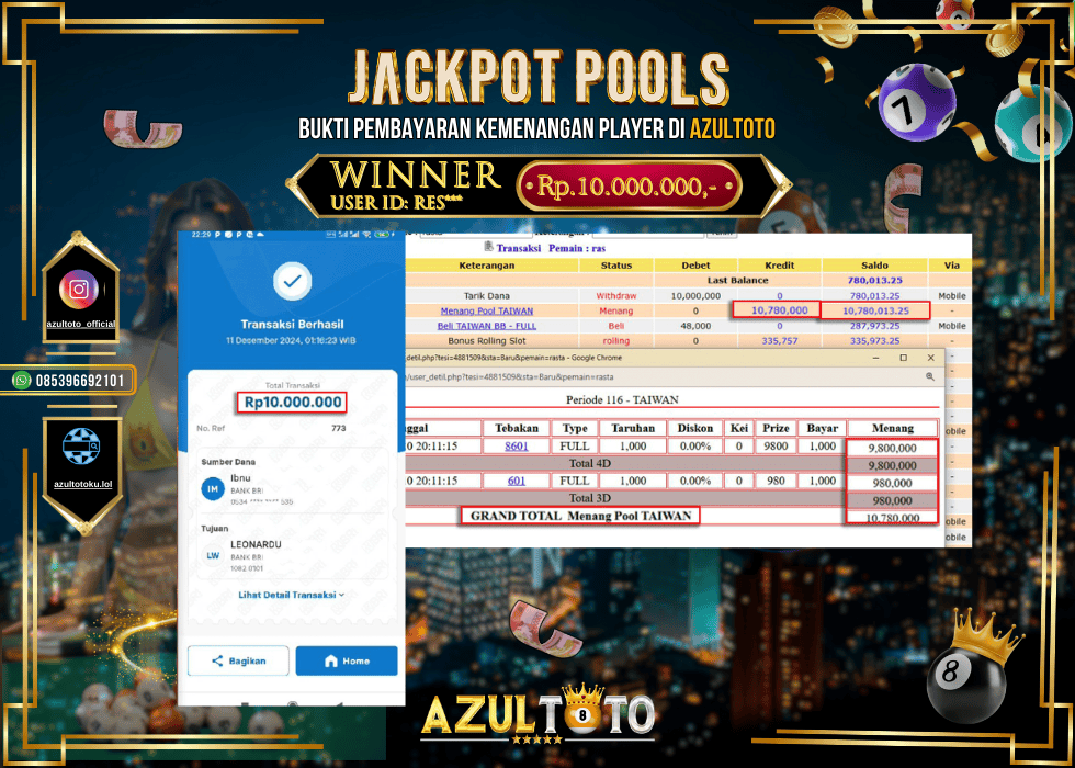 JACKPOT TOGEL  TAIWAN RP.10.000.000,- LUNAS DI AZULTOTO!