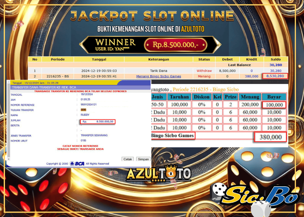 JACKPOT CASINO SICBO DICE RP.8.500.000,- LUNAS DI AZULTOTO!
