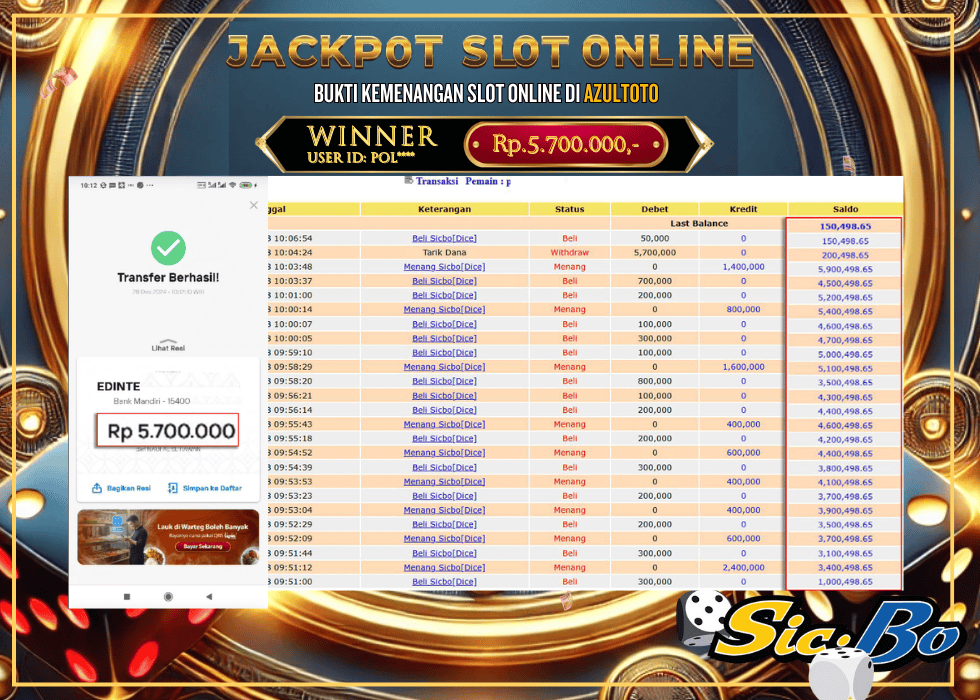 JACKPOT CASINO SICBO DICE RP.5.700.000,- LUNAS DI AZULTOTO!