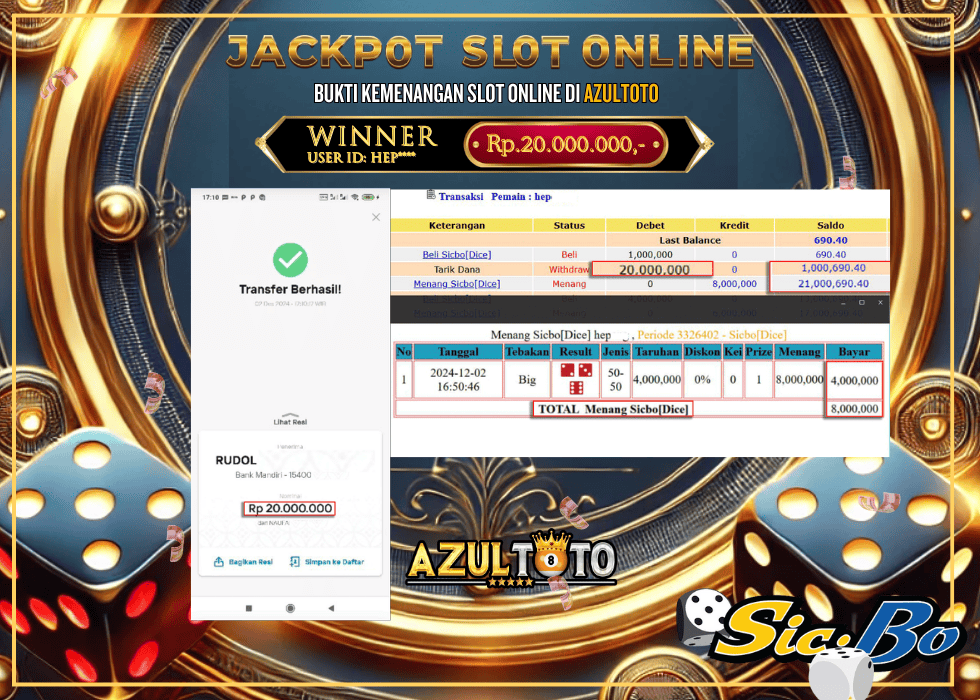 JACKPOT CASINO SICBO DICE RP.20.000.000,- LUNAS DI AZULTOTO!
