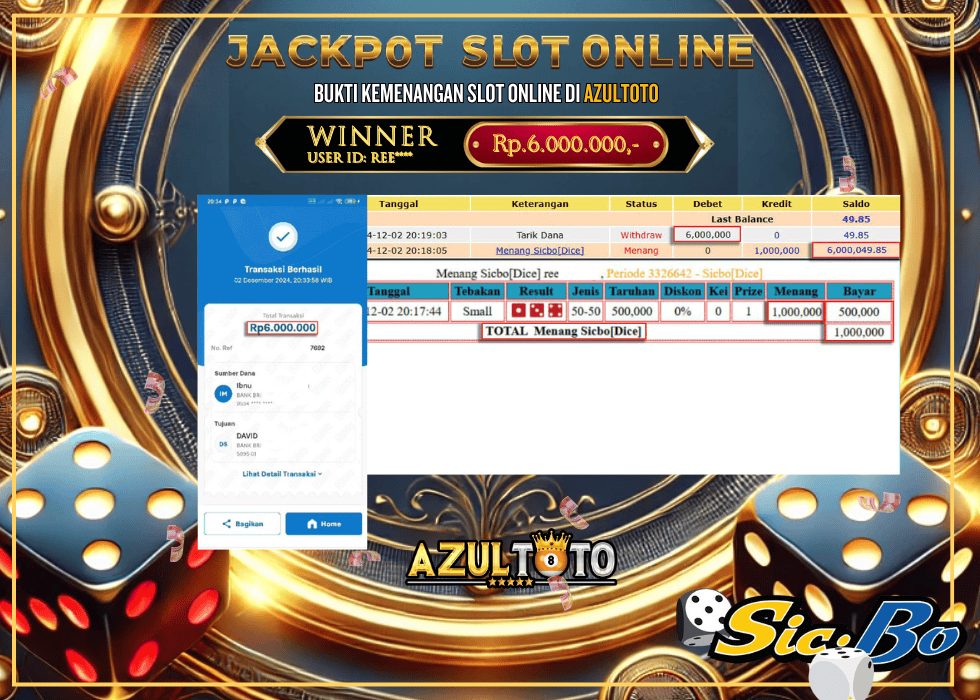 JACKPOT CASINO SICBO DICE RP.6.000.000,- LUNAS DI AZULTOTO!