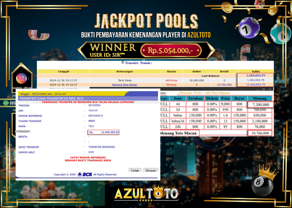 JACKPOT TOGEL TOTO MACAU 4D RP.10.000.000,- LUNAS DI AZULTOTO!
