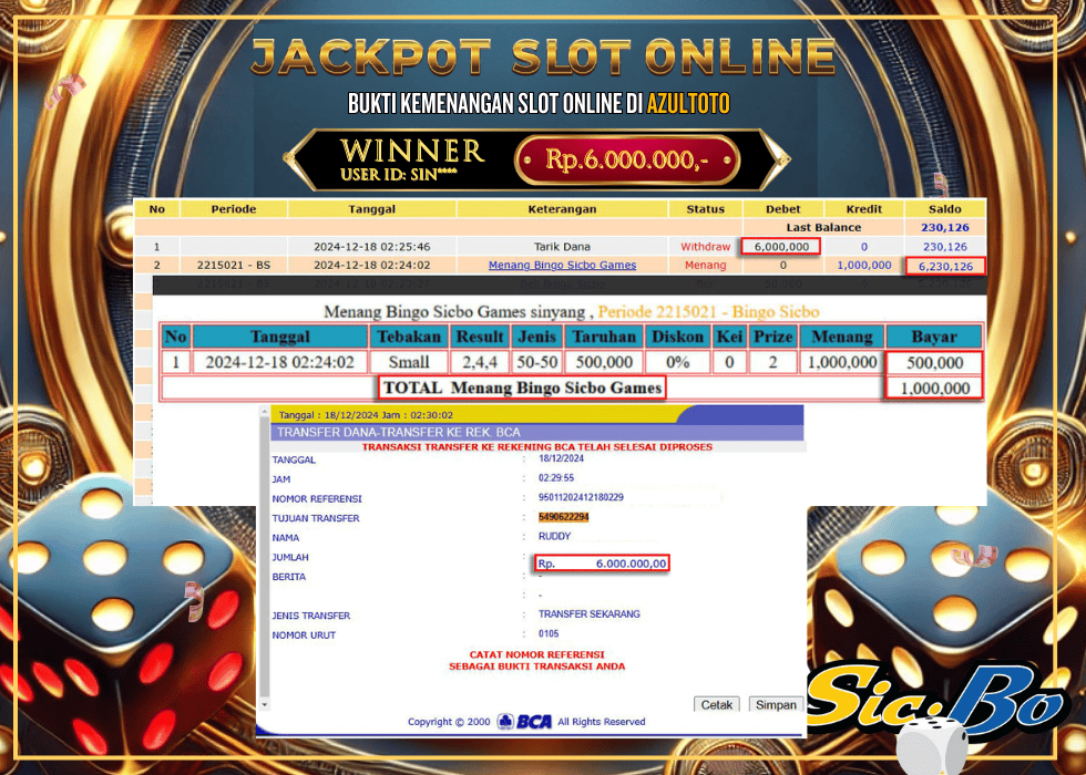 JACKPOT CASINO SICBO DICE RP.6.000.000,- LUNAS DI AZULTOTO!