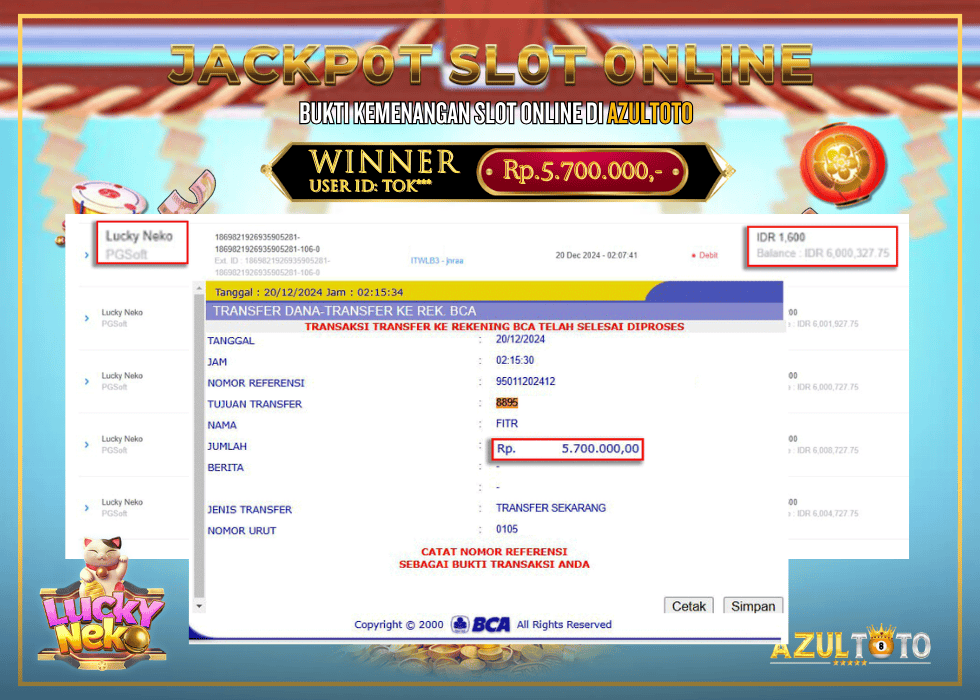 JACKPOT SLOT LUCKY NECKO  RP.5.700 000.00,- LUNAS DI AZULTOTO!