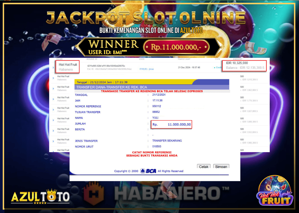 JACKPOT SLOT HB HOT-HOT FRUIT RP.11.000.000,- LUNAS DI AZULTOTO!