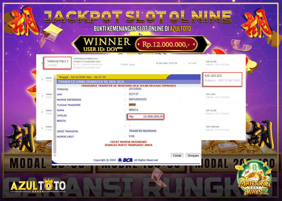 JACKPOT SLOT MAHJONG WAYS 2 RP.12.000.000,- LUNAS DI AZULTOTO!