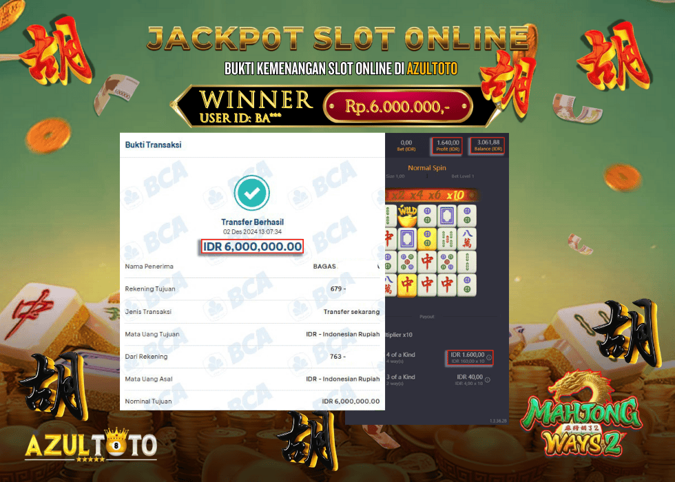 JACKPOT SLOT MAHJONG WAYS 2 RP.6.000.000,- LUNAS DI AZULTOTO!