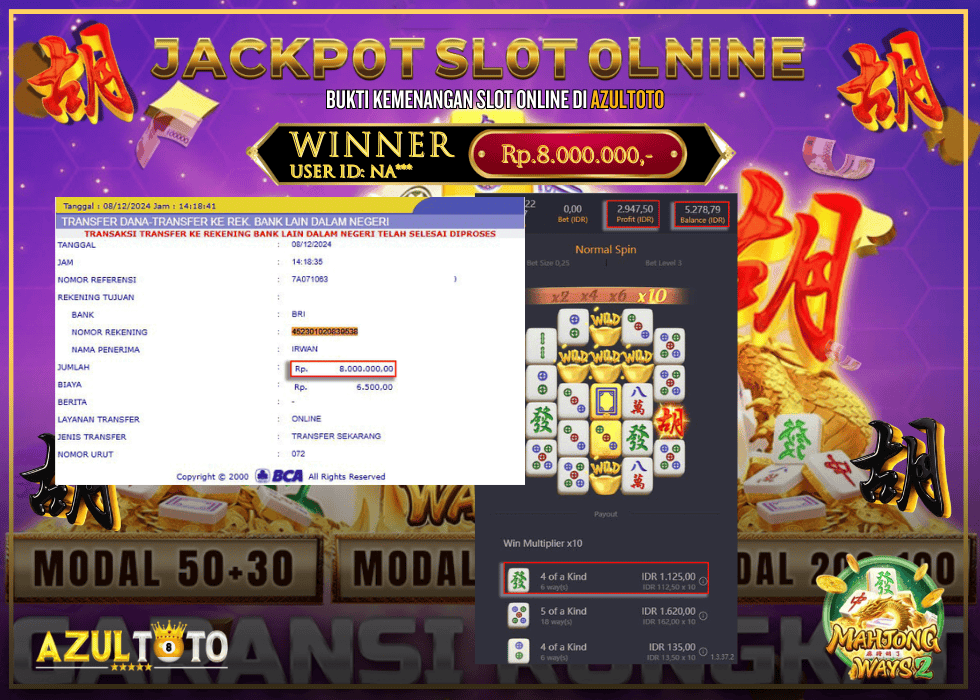 JACKPOT SLOT MAHJONG WAYS 2 RP.8.000.000,- LUNAS DI AZULTOTO!
