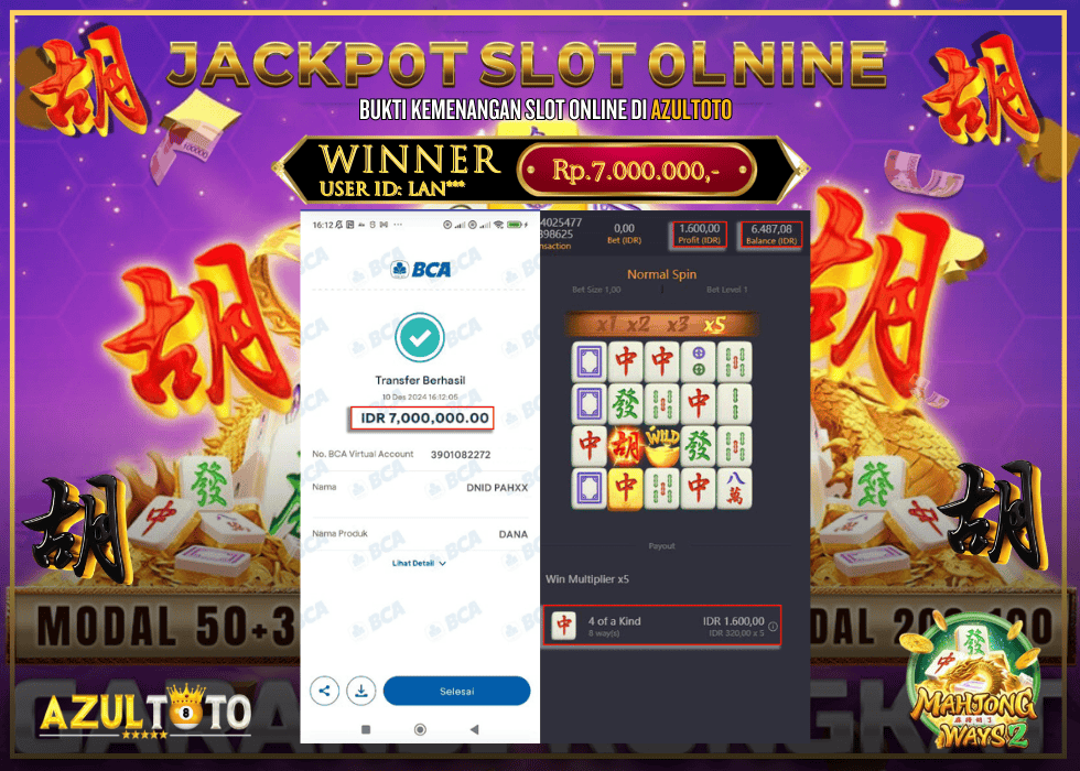 JACKPOT SLOT MAHJONG WAYS 2 RP.7.000.000,- LUNAS DI AZULTOTO!