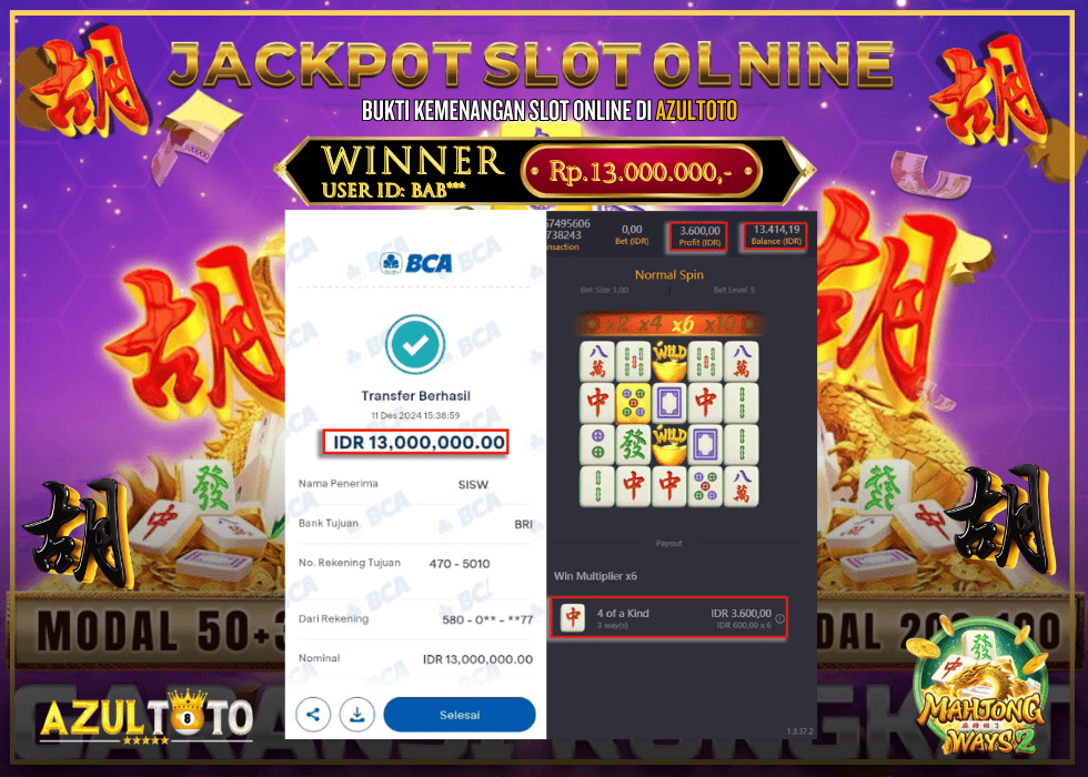 JACKPOT SLOT MAHJONG WAYS 2 RP.13.000.000,- LUNAS DI AZULTOTO!