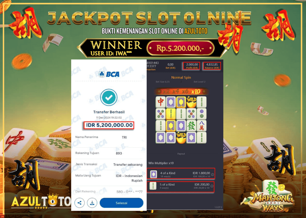 JACKPOT SLOT MAHJONG WAYS RP.5.200.000,- LUNAS DI AZULTOTO!