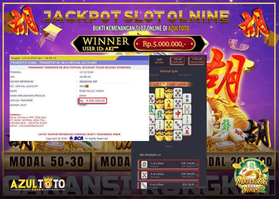 JACKPOT SLOT MAHJONG WAYS 2 RP.5.000.000,- LUNAS DI AZULTOTO!