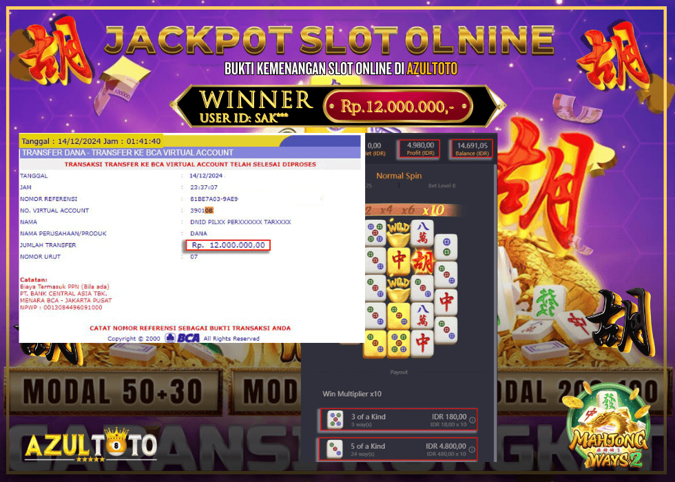 JACKPOT SLOT MAHJONG WAYS 2 RP.12.000.000,- LUNAS DI AZULTOTO!