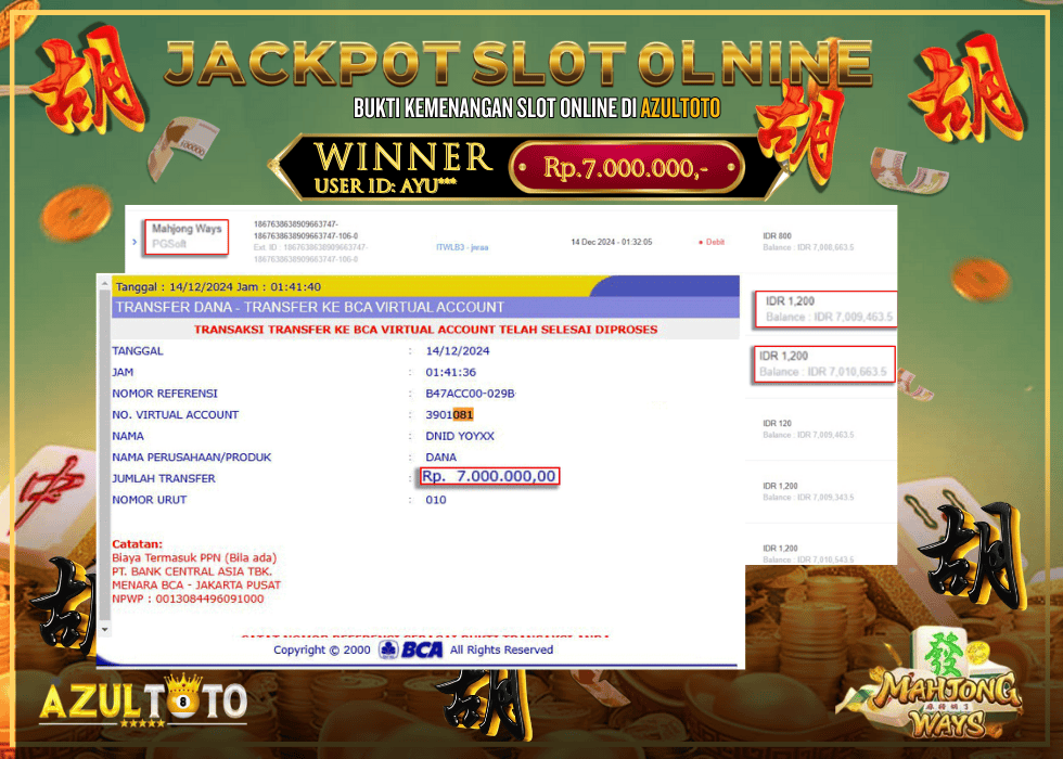 JACKPOT SLOT MAHJONG WAYS RP.7.000.000,- LUNAS DI AZULTOTO!