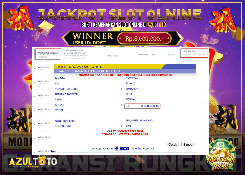 JACKPOT SLOT MAHJONG WAYS 2 RP.8.600.000,- LUNAS DI AZULTOTO!