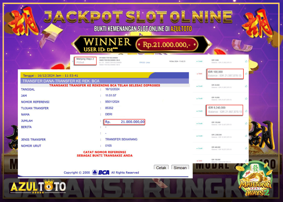 JACKPOT SLOT MAHJONG WAYS 2 RP.21.000.000,- LUNAS DI AZULTOTO!