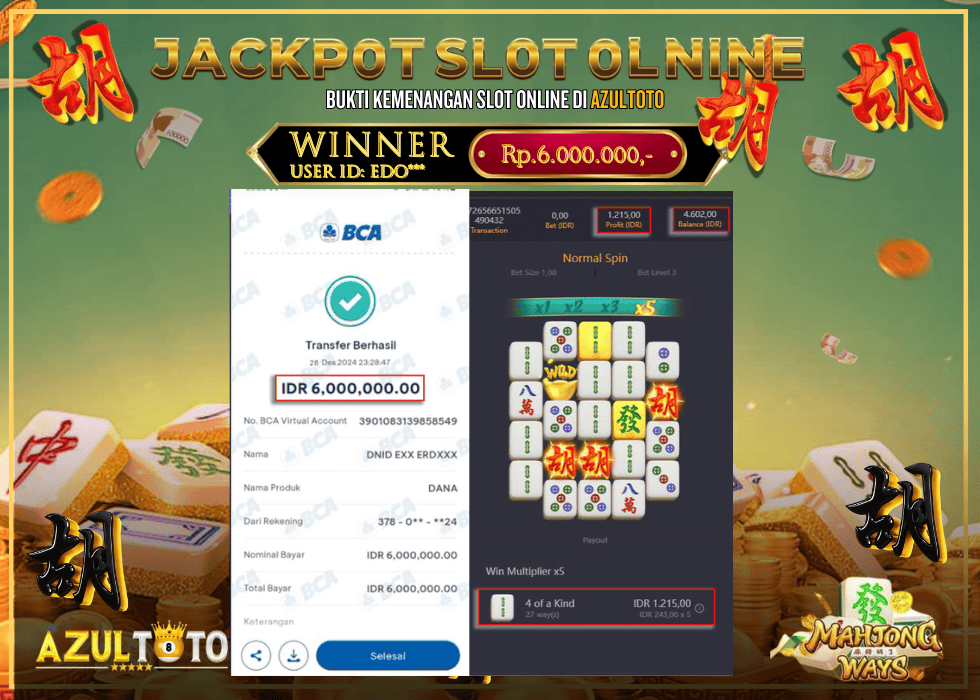 JACKPOT SLOT MAHJONG WAYS RP.6.000.000,- LUNAS DI AZULTOTO!