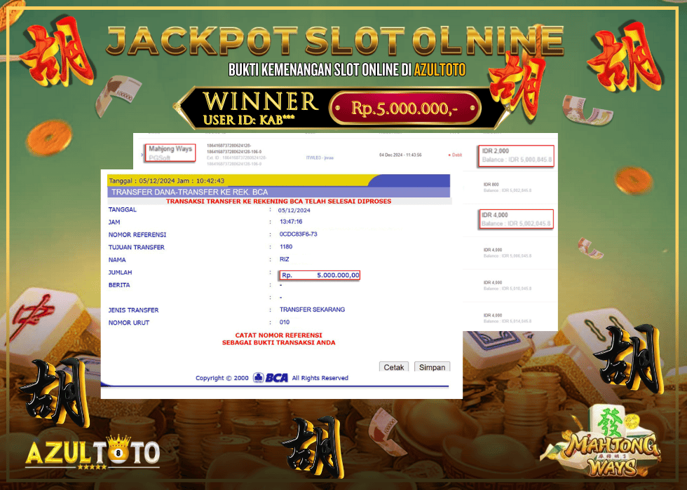 JACKPOT SLOT MAHJONG WAYS RP.5.000.000,- LUNAS DI AZULTOTO!