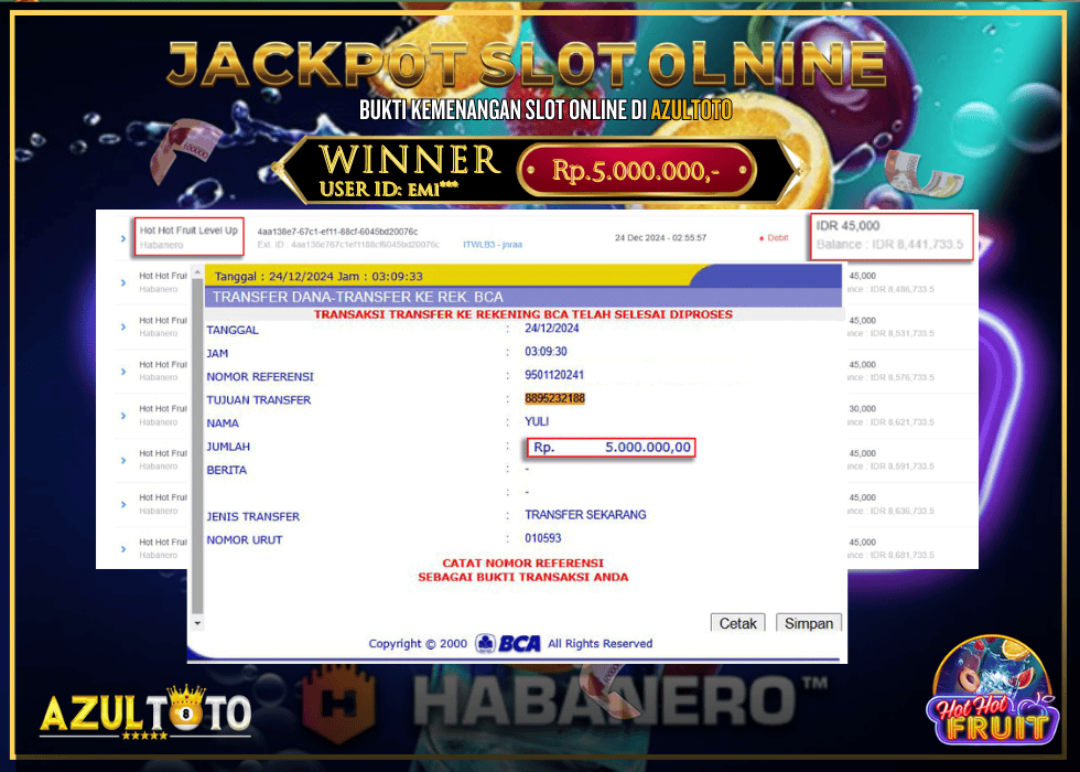 JACKPOT SLOT HB HOT-HOT FRUIT RP.5.000.000,- LUNAS DI AZULTOTO!