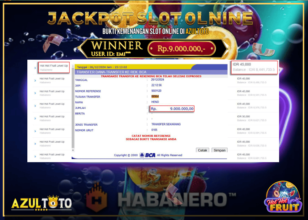 JACKPOT SLOT HB HOT-HOT FRUIT RP.9.000.000,- LUNAS DI AZULTOTO!