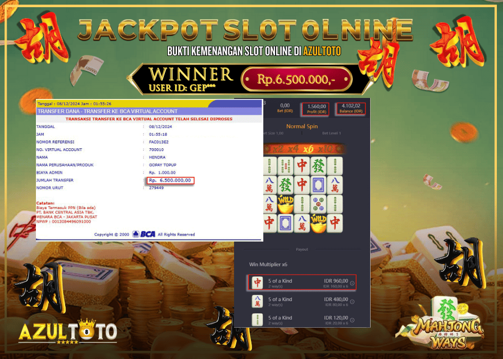 JACKPOT SLOT MAHJONG WAYS RP.6.500.000,- LUNAS DI AZULTOTO!