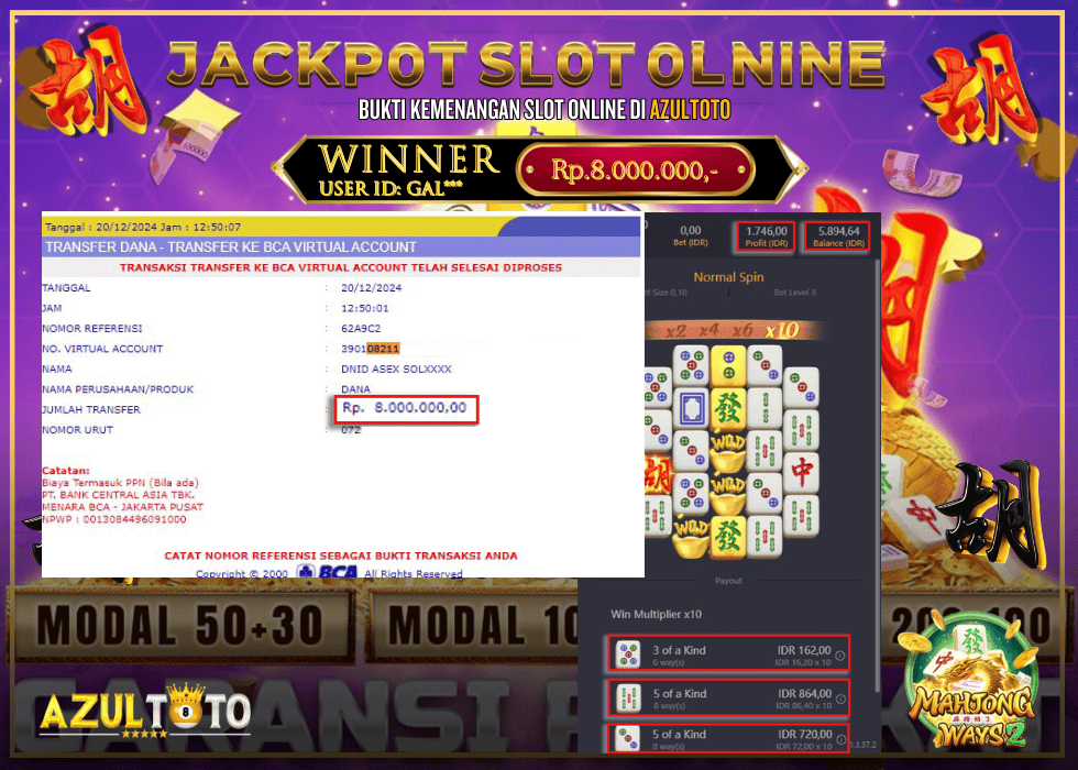 JACKPOT SLOT MAHJONG WAYS 2 RP.8.000.000,- LUNAS DI AZULTOTO!