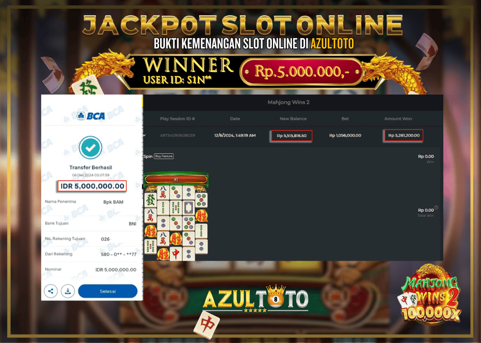 JACKPOT SLOT MAHJONG WAYS WINS 2 RP.5.000.000,- LUNAS DI AZULTOTO!