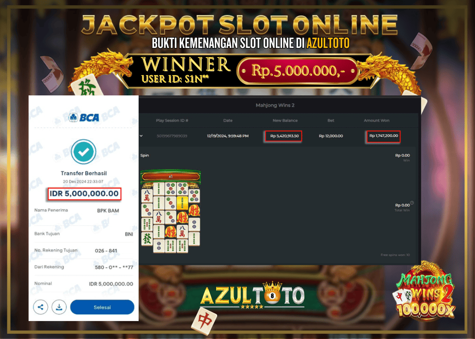 JACKPOT SLOT MAHJONG WAYS WINS 2 RP.5.000.000,- LUNAS DI AZULTOTO!