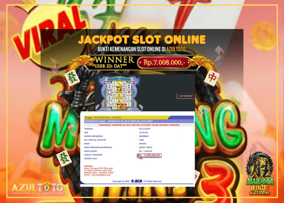 MAHJONG WINS 3 RP.7.008.000,- LUNAS DI AZULTOTO!