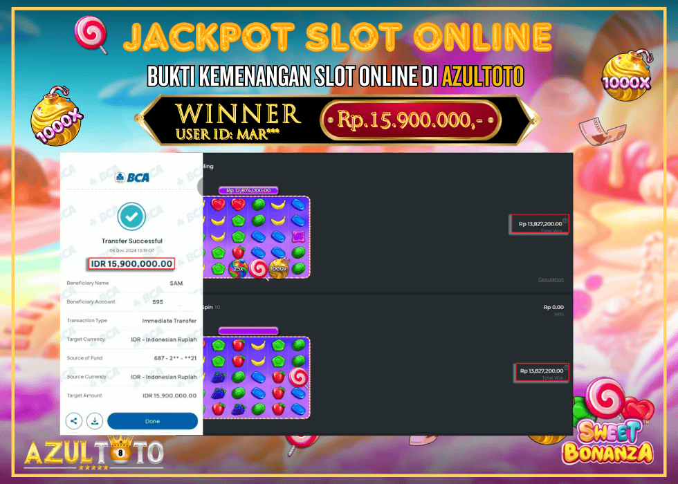 JACKPOT SLOT SWEET BONANZA 1000 RP.15.900.000,- LUNAS DI AZULTOTO!