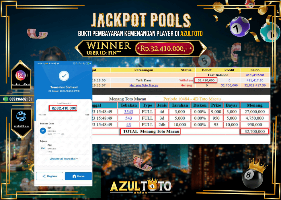 JACKPOT TOGEL ONLINE TOTO MACAU RP.32.410.000,- LUNAS DI AZULTOTO!