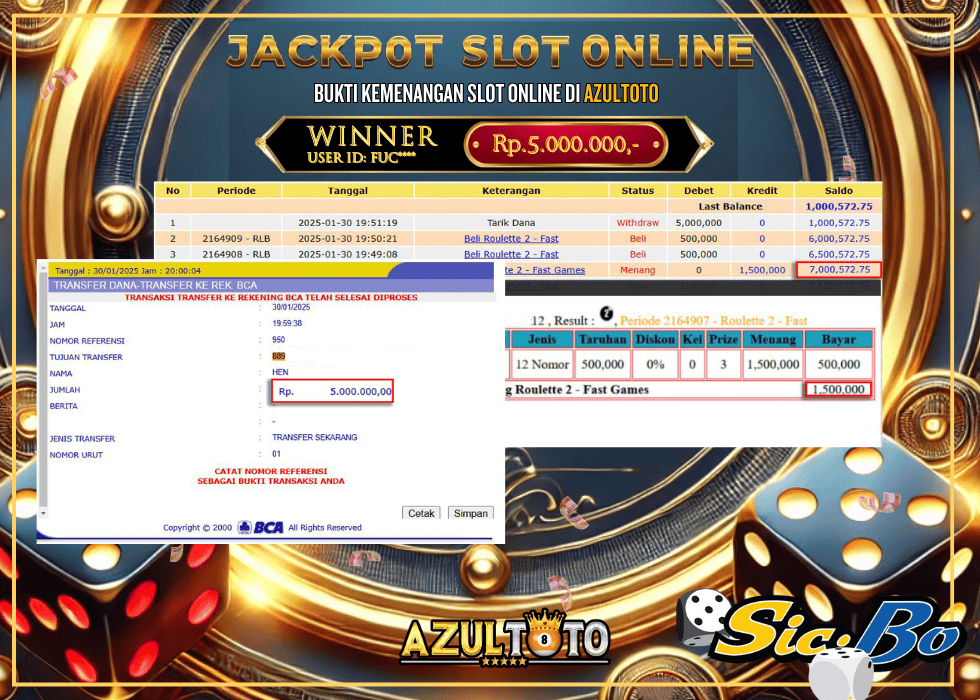 JACKPOT LIVE GAMES SICBO [DICE] RP.5.000.000,- LUNAS DI AZULTOTO!