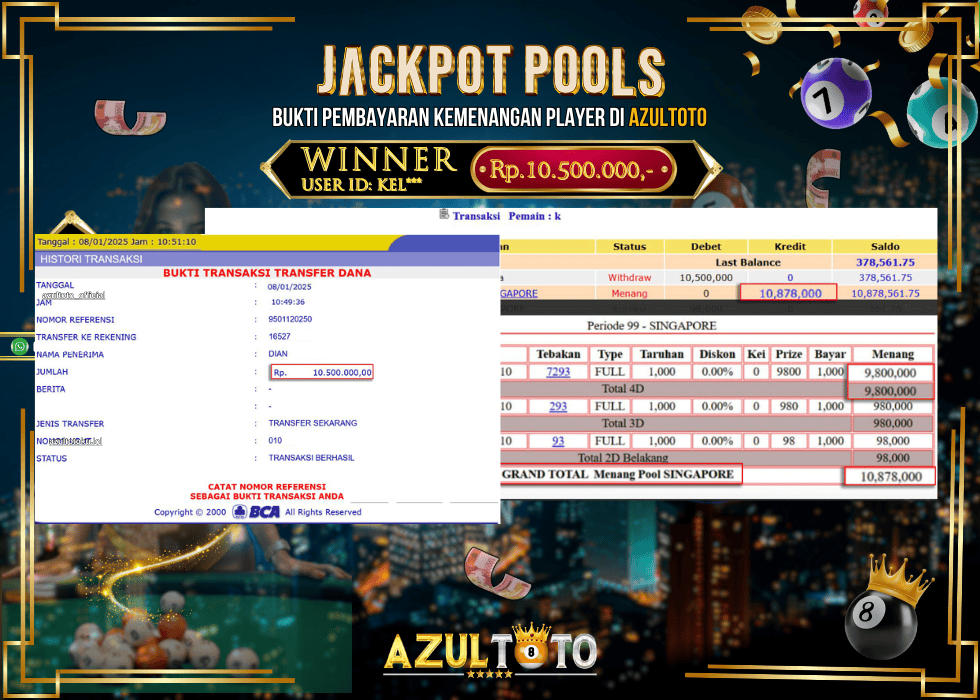 JACKPOT TOGEL ONLINE POOL SINGAPORE RP.10.500.000,- LUNAS DI AZULTOTO!