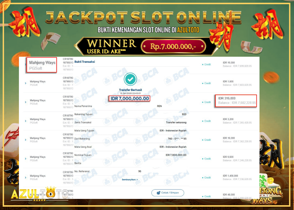 JACKPOT SLOT MAHJONG WAYS RP.7.000.000,- LUNAS DI AZULTOTO!