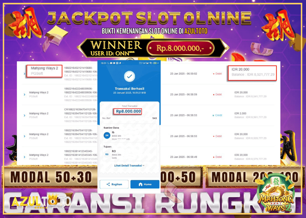 JACKPOT SLOT MAHJONG WAYS 2 RP.8.000.000,- LUNAS DI AZULTOTO!