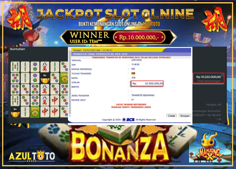 JACKPOT SLOT MAHJONG BONANZA RP.10.000.000,- LUNAS DI AZULTOTO!