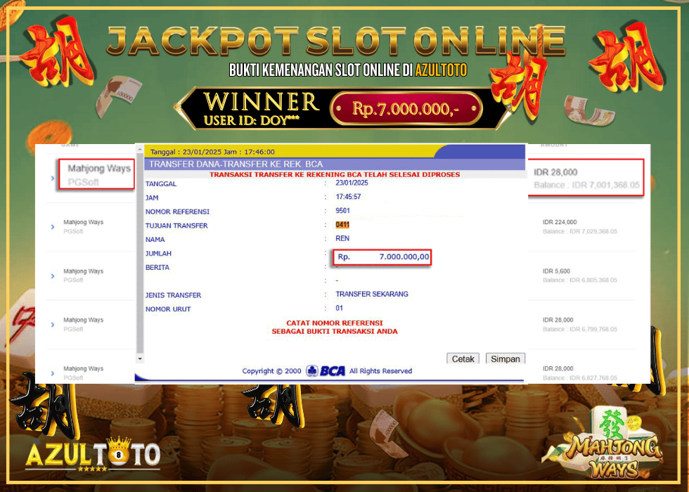JACKPOT SLOT MAHJONG WAYS RP.7.000.000,- LUNAS DI AZULTOTO!
