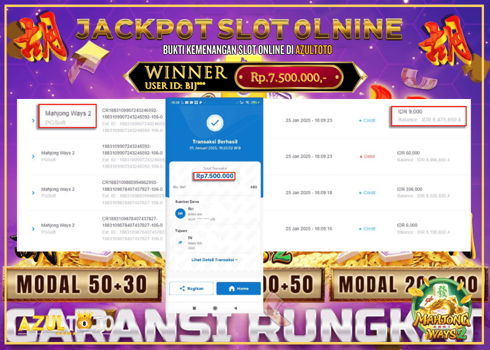 JACKPOT SLOT MAHJONG WAYS 2 RP.7.500.000,- LUNAS DI AZULTOTO!