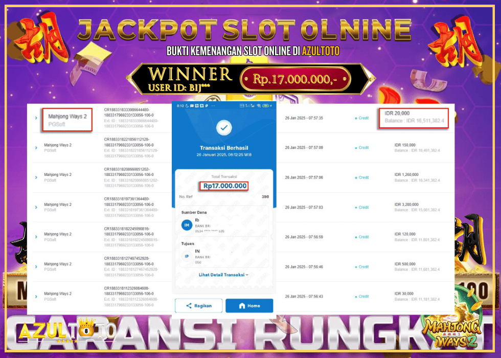 JACKPOT SLOT MAHJONG WAYS 2 RP.17.000.000,- LUNAS DI AZULTOTO!