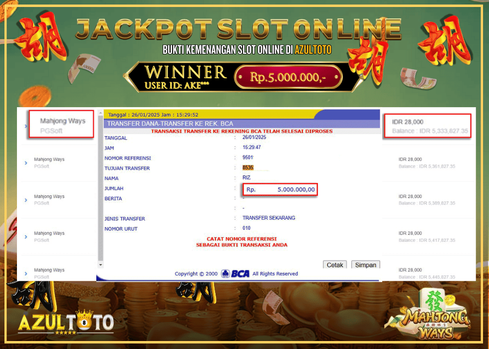 JACKPOT SLOT MAHJONG WAYS RP.5.000.000,- LUNAS DI AZULTOTO!