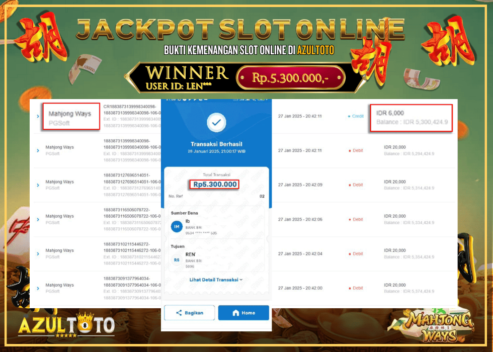JACKPOT SLOT MAHJONG WAYS RP.5.300.000,- LUNAS DI AZULTOTO!