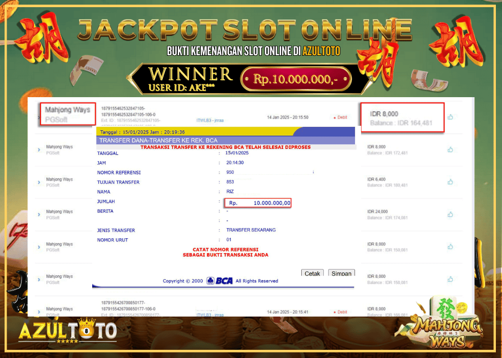JACKPOT SLOT MAHJONG WAYS RP.10.000.000,- LUNAS DI AZULTOTO!