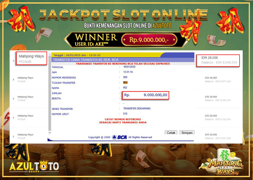 JACKPOT SLOT MAHJONG WAYS RP.9.000.000,- LUNAS DI AZULTOTO!