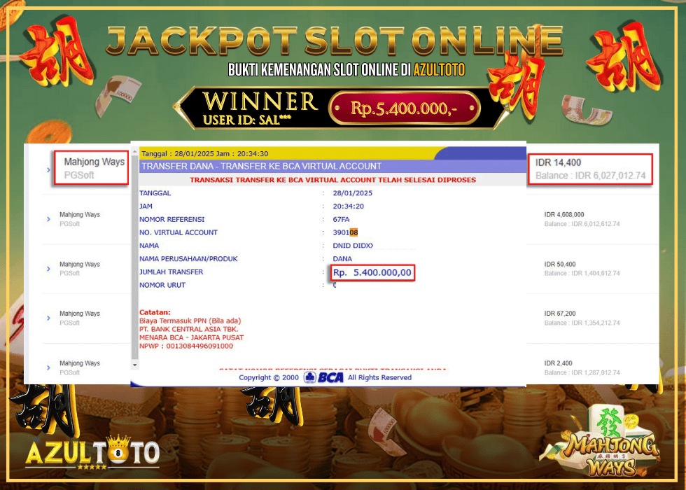 JACKPOT SLOT MAHJONG WAYS RP.5.400.000,- LUNAS DI AZULTOTO!