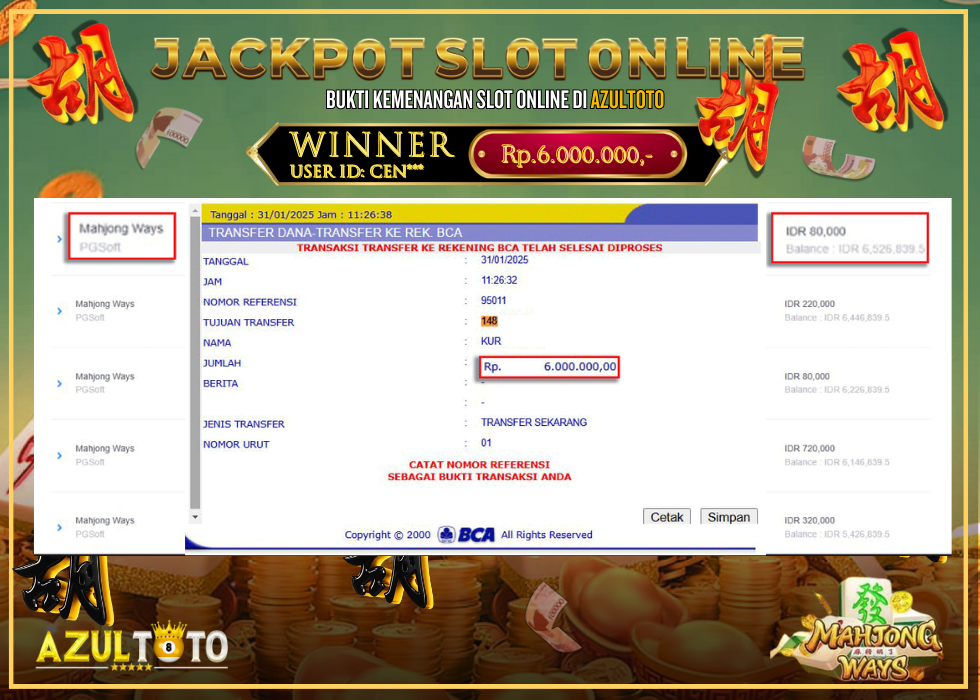 JACKPOT SLOT MAHJONG WAYS RP.6.000.000,- LUNAS DI AZULTOTO!